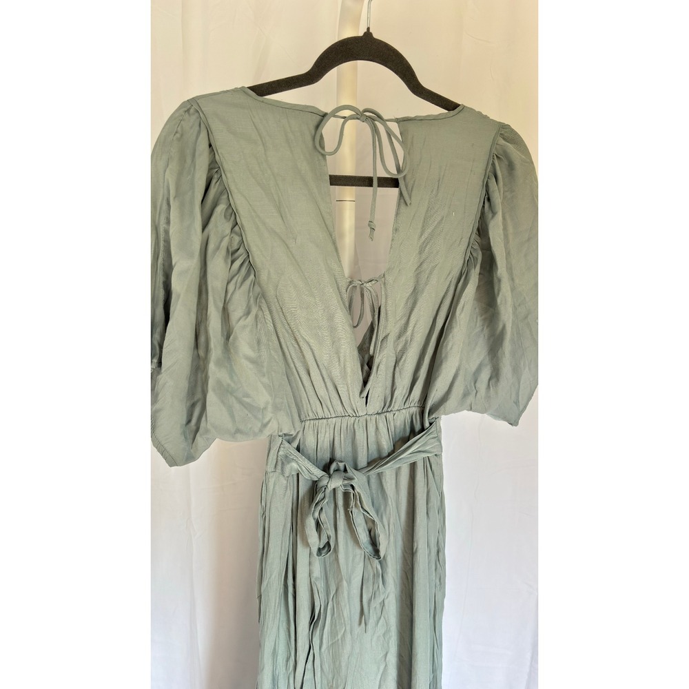 STORIA Sage Green Flutter Sleeve Maxi Dress Tie Waist‎ Tiered Ruffle Size S - Picture 7 of 8